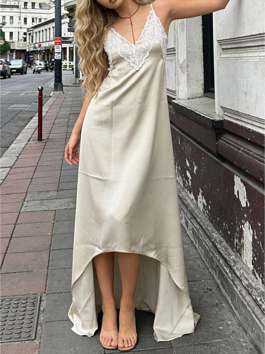 Women Summer Deep V-Neck Lace  - Slip Dress Satin บทวิจารณ์และราคา