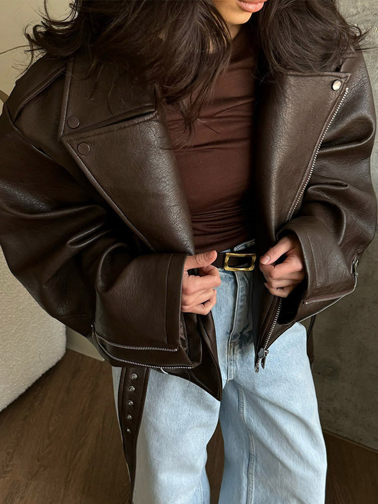 With Belt Leather Jacket Coat  - Corset Waist Cinch บทวิจารณ์และราคา