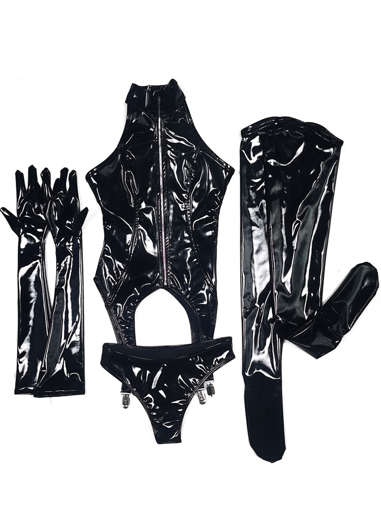 4PCS/SET Wet Look PVC Catsuit  - Garter Belt Set บทวิจารณ์และราคา