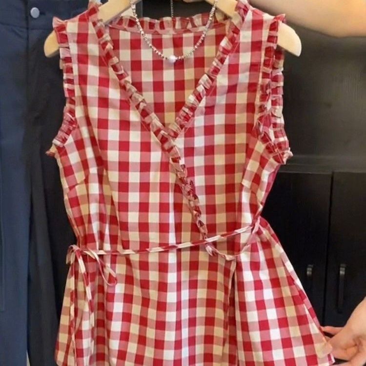 Retro Red Plaid Sleeveless Ves - Corset Waist Cinch บทวิจารณ์และราคา