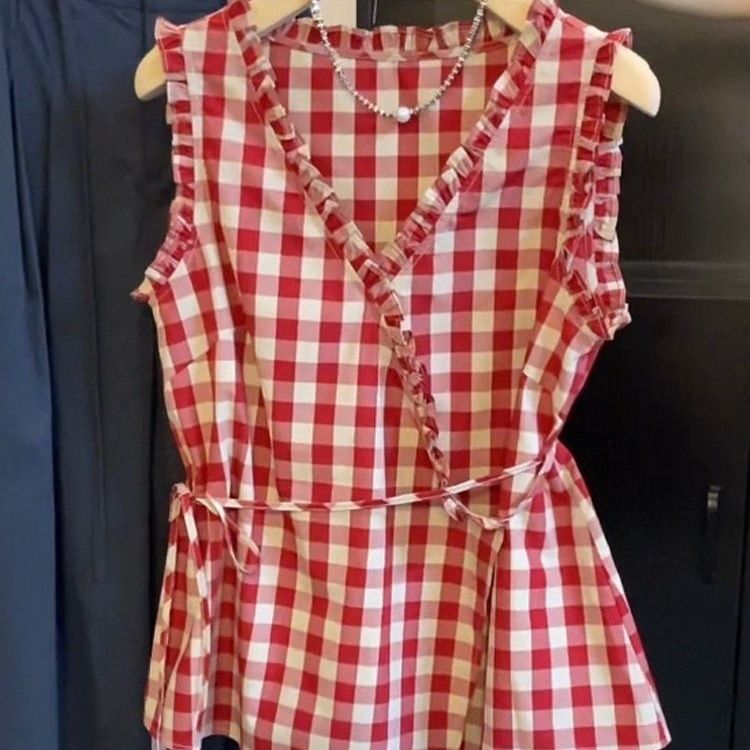 Retro Red Plaid Sleeveless Ves - Corset Waist Cinch บทวิจารณ์และราคา