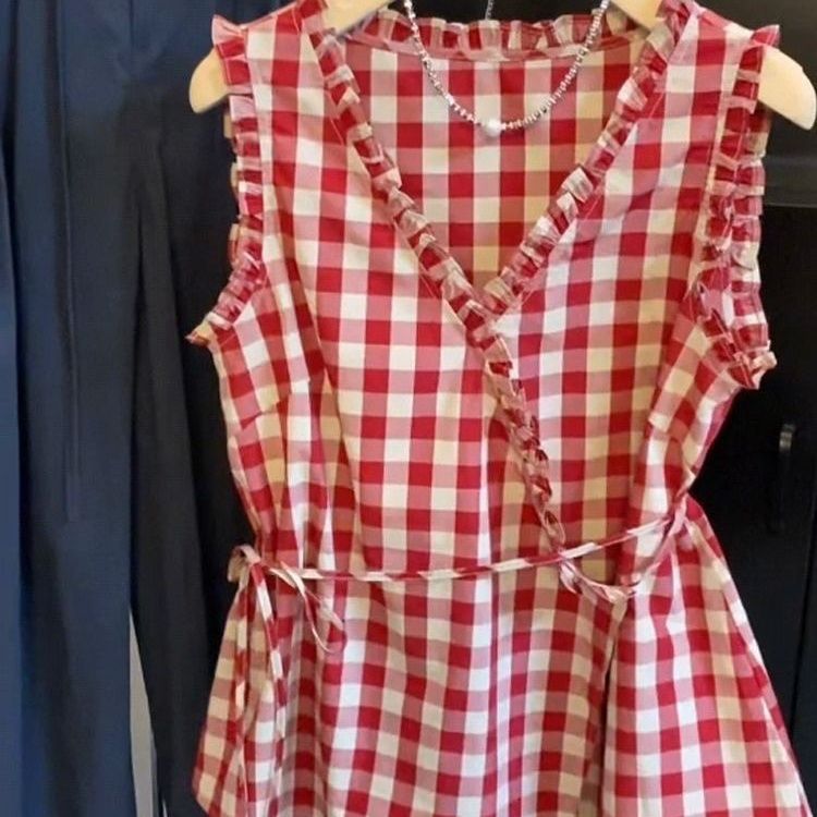 Retro Red Plaid Sleeveless Ves - Corset Waist Cinch บทวิจารณ์และราคา