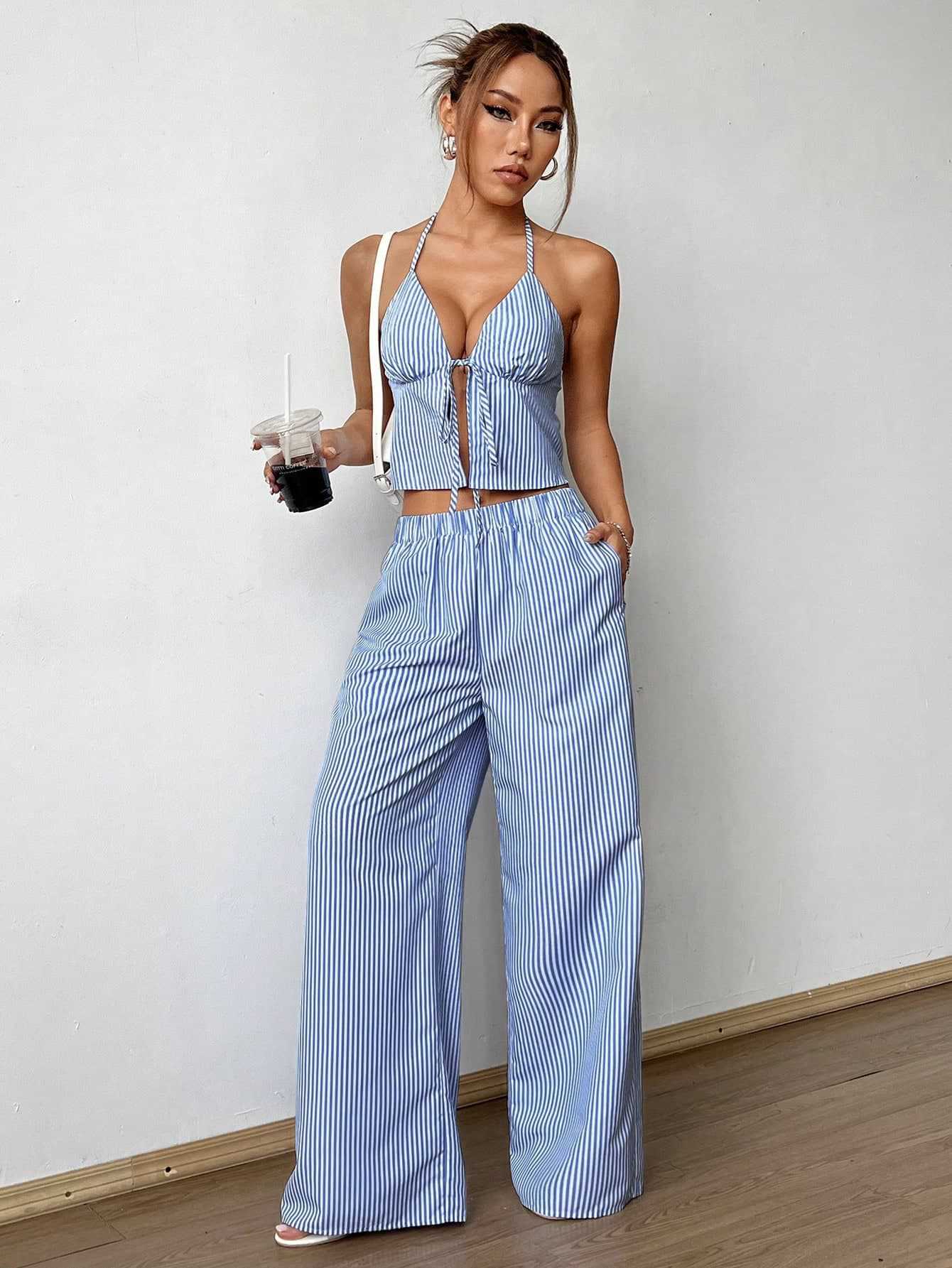 Striped Lace Up Camisole Colla - Cami Top Lace บทวิจารณ์และราคา